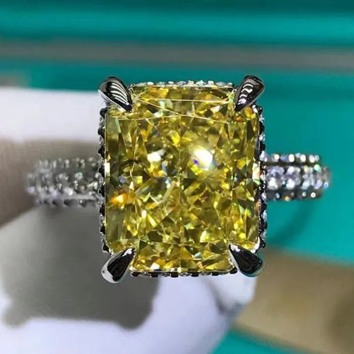 Leyloon Jewelry Rings 5 Carat Radiant Moissanite Ring Vivid Yellow VVS Hidden Halo Beadset Pave