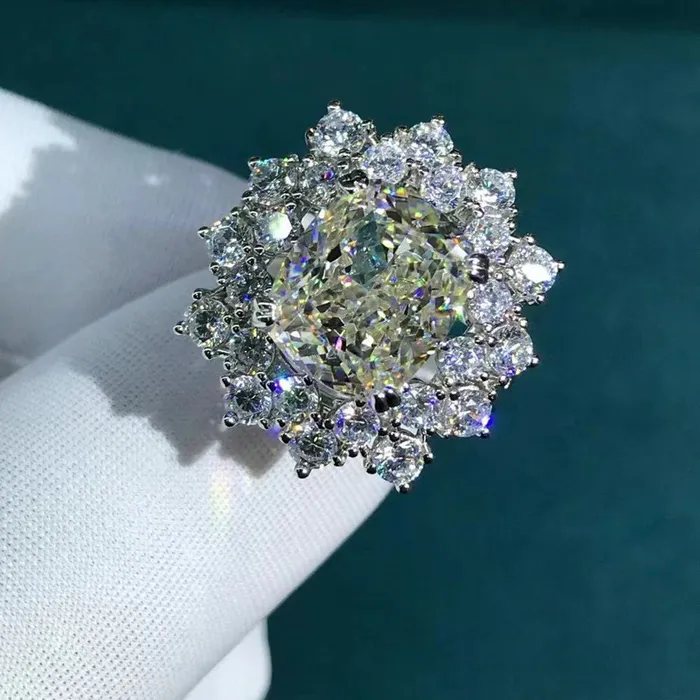 Leyloon Jewelry Rings 6 Carat Cushion Cut Moissanite Ring Double Floating Halo Starburst GH Colorless