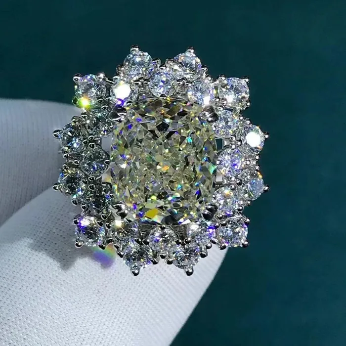 Leyloon Jewelry Rings 6 Carat Cushion Cut Moissanite Ring Double Floating Halo Starburst GH Colorless