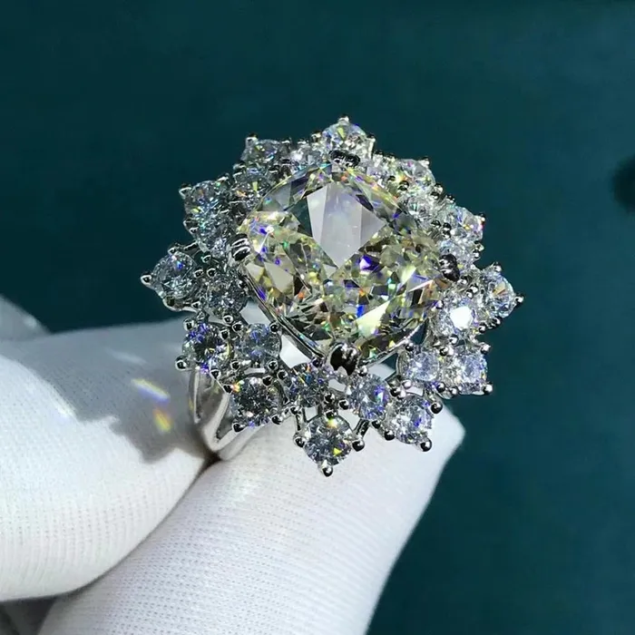 Leyloon Jewelry Rings 6 Carat Cushion Cut Moissanite Ring Double Floating Halo Starburst GH Colorless