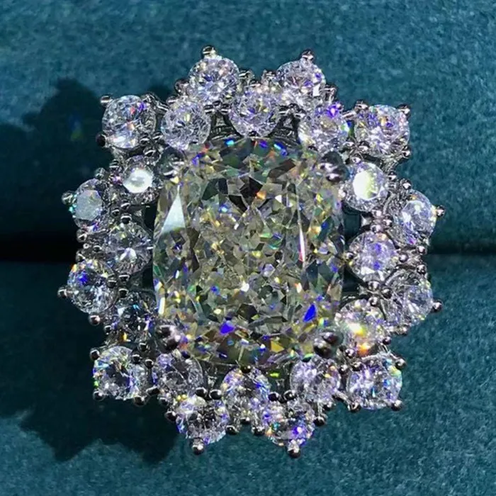 Leyloon Jewelry Rings 6 Carat Cushion Cut Moissanite Ring Double Floating Halo Starburst GH Colorless