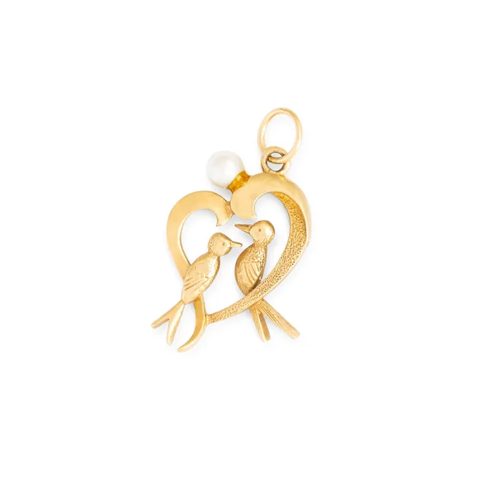 Love Birds 12k Gold and Pearl Heart Charm Vintage Necklaces