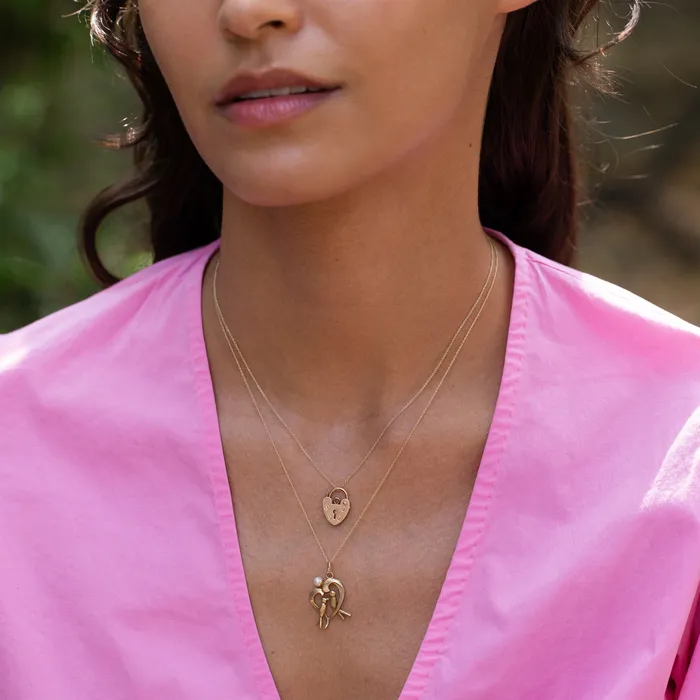 Love Birds 12k Gold and Pearl Heart Charm Vintage Necklaces