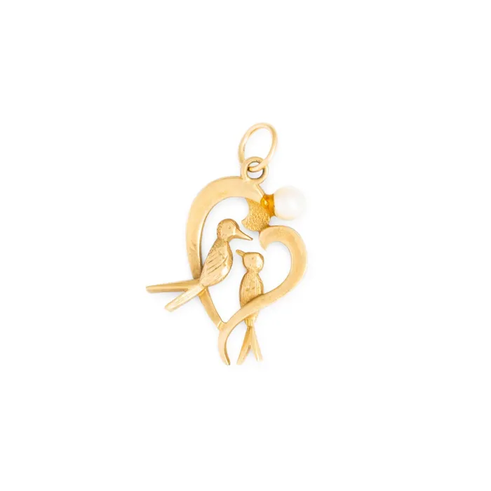 Love Birds 12k Gold and Pearl Heart Charm Vintage Necklaces