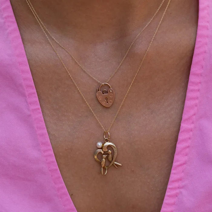 Love Birds 12k Gold and Pearl Heart Charm Vintage Necklaces