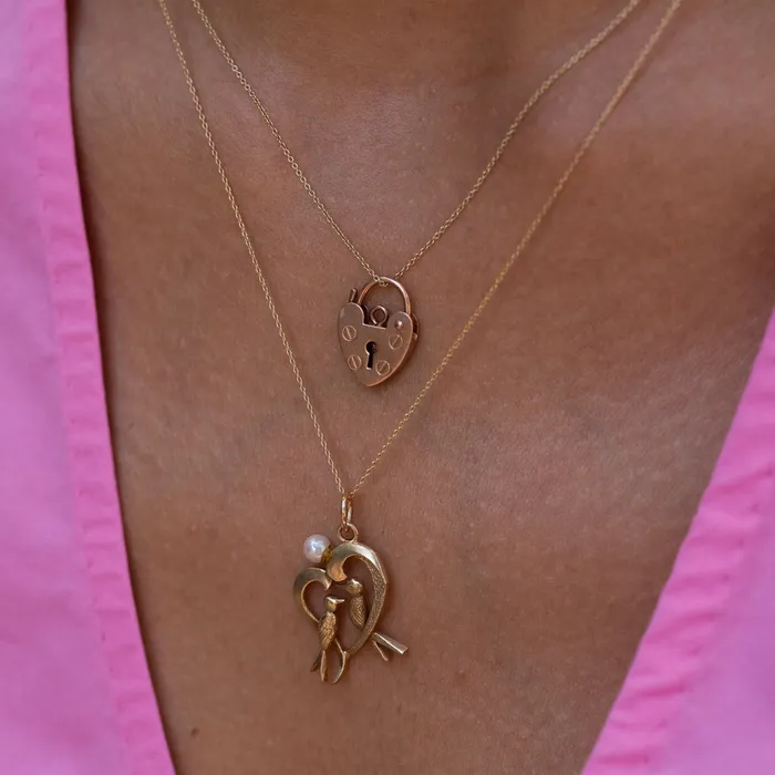 Love Birds 12k Gold and Pearl Heart Charm Vintage Necklaces