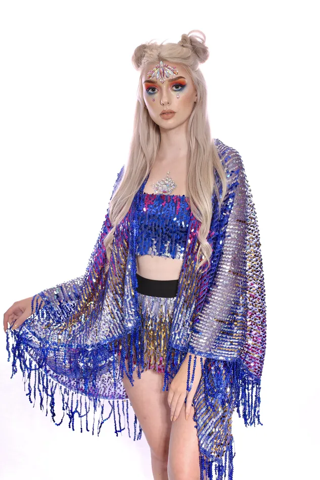 lumishopusa Rings Disco Sequin Tassel Kimono Royal Blue