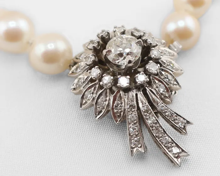 Midcentury Cultured Pearl Strand with Diamond Clasp Isadoras C Earrings