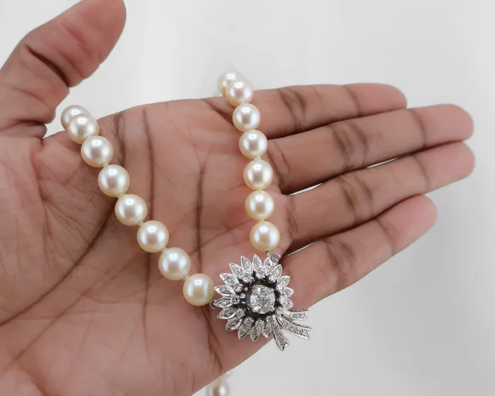 Midcentury Cultured Pearl Strand with Diamond Clasp Isadoras C Earrings