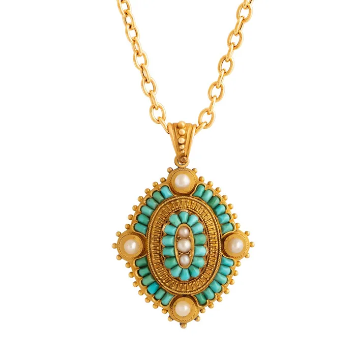 Necklaces Antique Victorian Turquoise and Pearl OpenBack 18k Gold Locket Necklaces Antique Victorian Turquoise and Pearl OpenBack 18k Gold Locket
