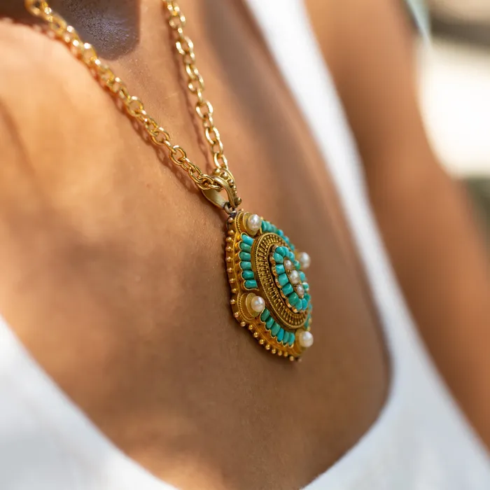 Necklaces Antique Victorian Turquoise and Pearl OpenBack 18k Gold Locket