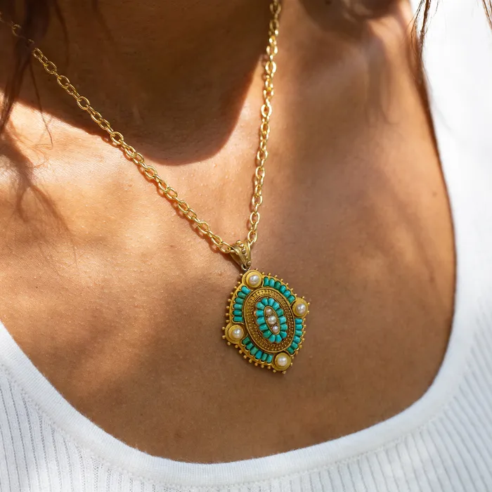 Necklaces Antique Victorian Turquoise and Pearl OpenBack 18k Gold Locket