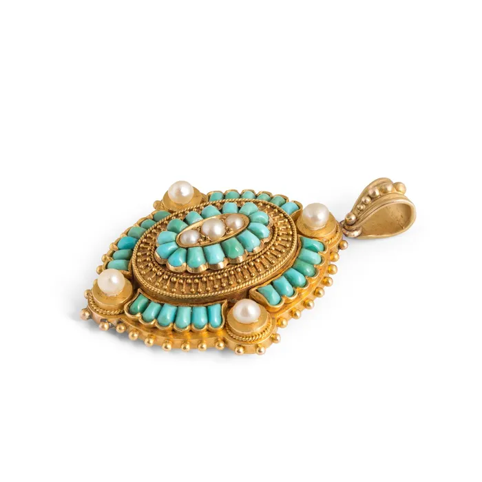 Necklaces Antique Victorian Turquoise and Pearl OpenBack 18k Gold Locket