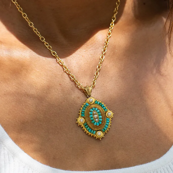 Necklaces Antique Victorian Turquoise and Pearl OpenBack 18k Gold Locket