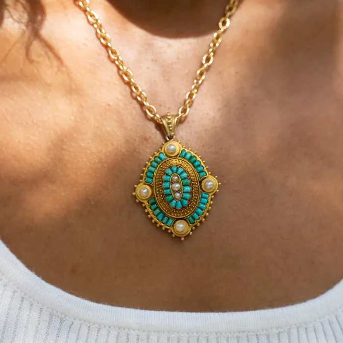Necklaces Antique Victorian Turquoise and Pearl OpenBack 18k Gold Locket