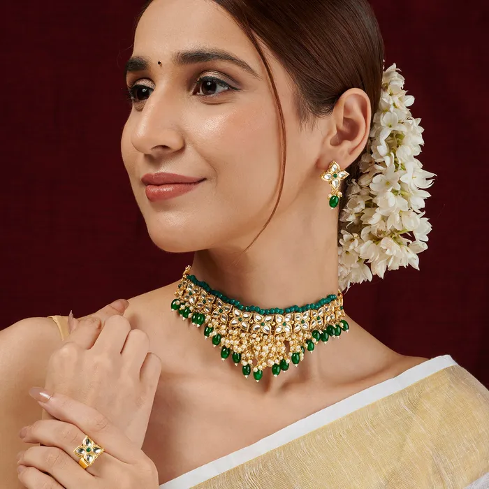 Necklaces Teejh Jinal Green Stone Gold Necklace Set Teejh