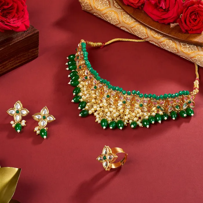 Necklaces Teejh Jinal Green Stone Gold Necklace Set Teejh