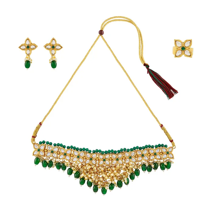 Necklaces Teejh Jinal Green Stone Gold Necklace Set Teejh