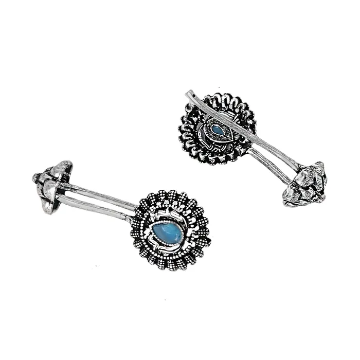 Necklaces Teejh Nitara Light Blue Stone Silver Oxidised Clip On Bugadi Teejh Necklaces Teejh Nitara Light Blue Stone Silver Oxidised Clip On Bugadi Teejh