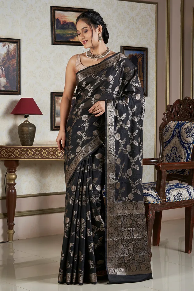 Necklaces Teejh Teejh Jahnavi Black Banarasi Semi Georgette Silk Saree