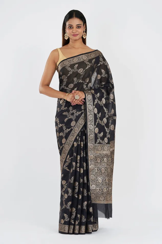 Necklaces Teejh Teejh Jahnavi Black Banarasi Semi Georgette Silk Saree