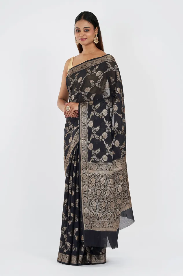 Necklaces Teejh Teejh Jahnavi Black Banarasi Semi Georgette Silk Saree