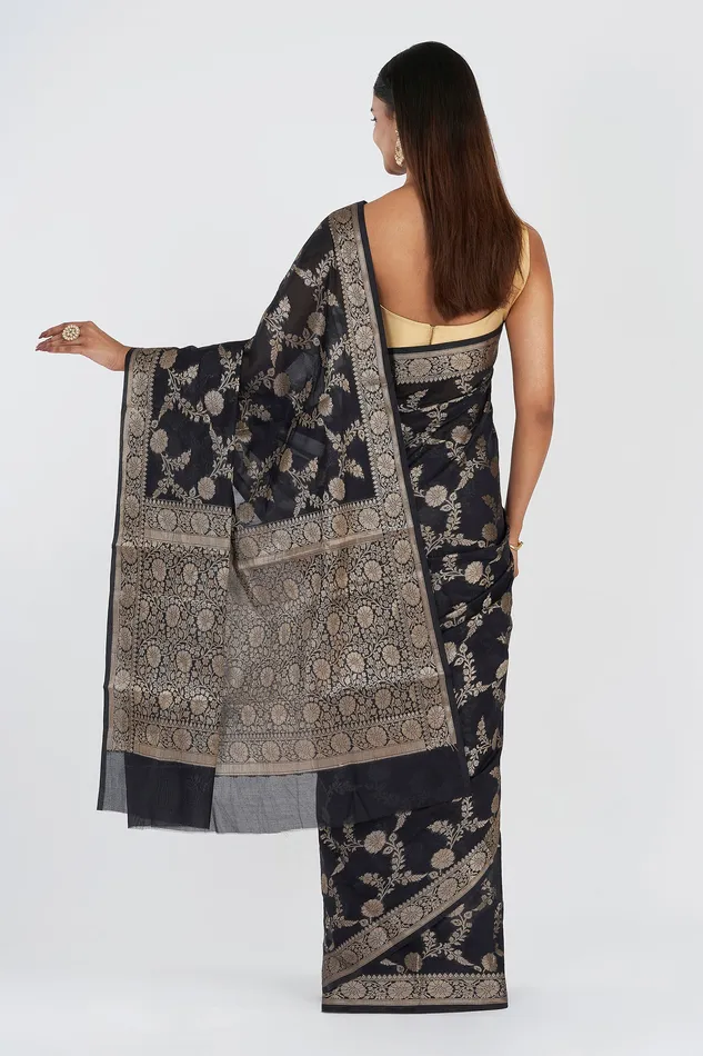 Necklaces Teejh Teejh Jahnavi Black Banarasi Semi Georgette Silk Saree