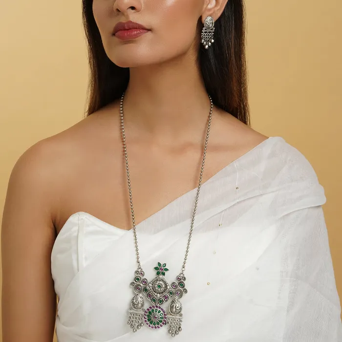 Necklaces Teejh Teejh Nanda Silver Oxidised Ruby Green Necklace Set