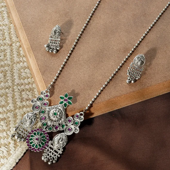 Necklaces Teejh Teejh Nanda Silver Oxidised Ruby Green Necklace Set