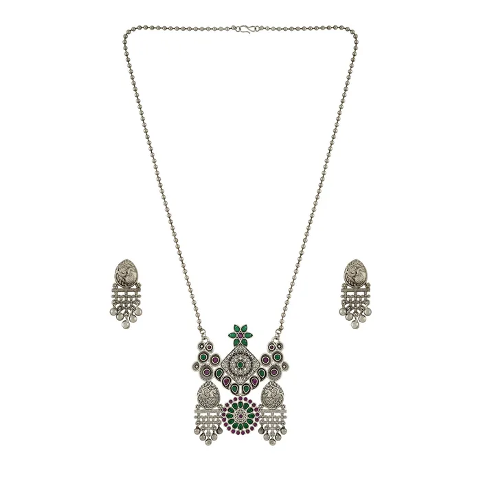 Necklaces Teejh Teejh Nanda Silver Oxidised Ruby Green Necklace Set