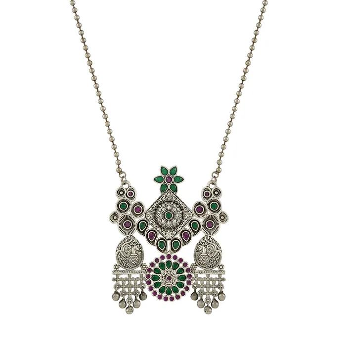 Necklaces Teejh Teejh Nanda Silver Oxidised Ruby Green Necklace Set