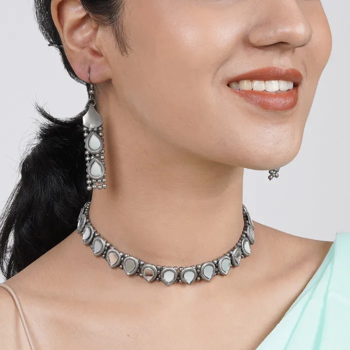 Necklaces Teejh Teejh Riddhima Silver Oxidised Necklace Set Necklaces Teejh Teejh Riddhima Silver Oxidised Necklace Set
