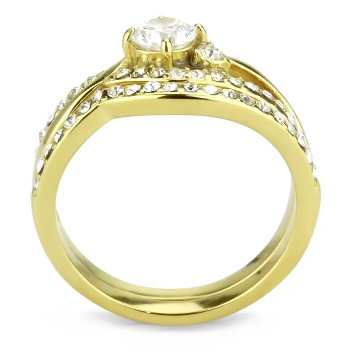 Rings CJ3708 Wholesale Womens Stainless Steel IP Gold AAA Grade CZ Clear Solitaire Stackable Ring Green