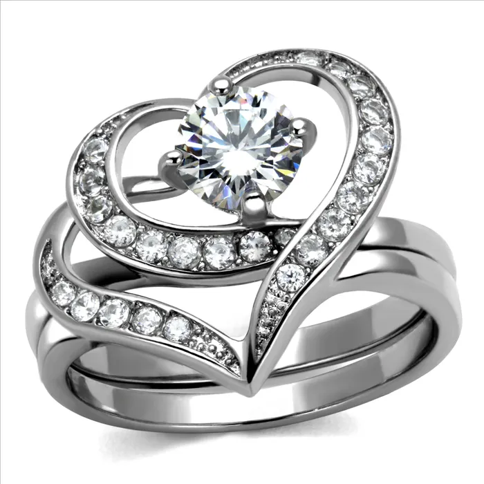 Rings Green CJE2868 Stainless Steel AAA Grade CZ Heart Ring Set