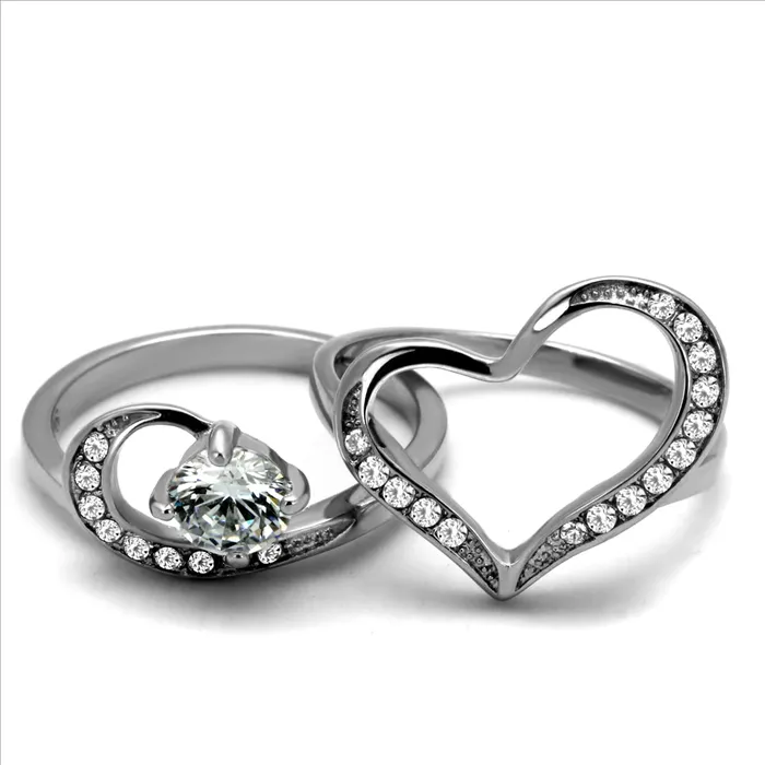 Rings Green CJE2868 Stainless Steel AAA Grade CZ Heart Ring Set Rings Green CJE2868 Stainless Steel AAA Grade CZ Heart Ring Set