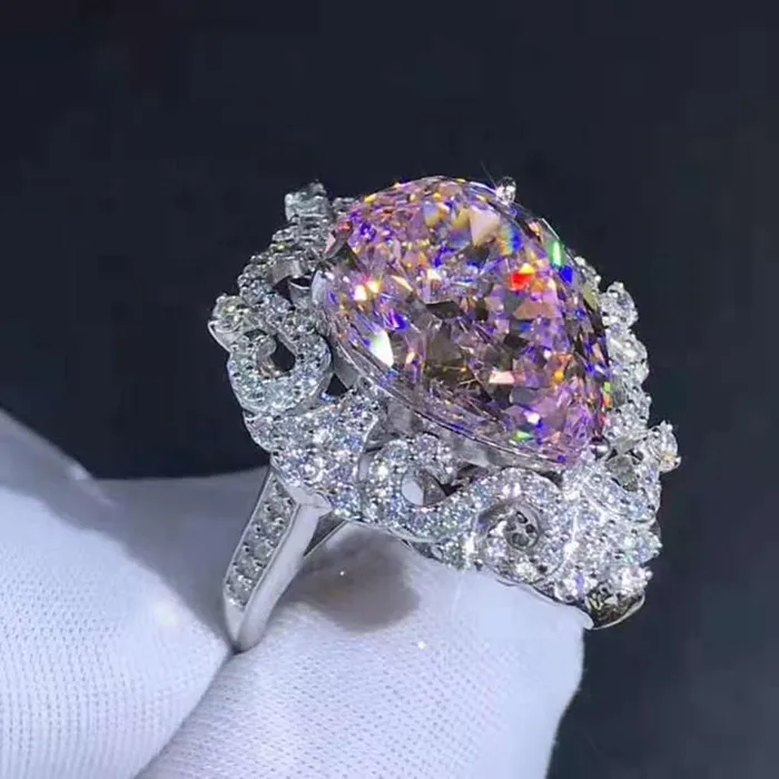 Rings Leyloon Jewelry 10 Carat Pink Pear Cut Filigree Halo Beadset Cathedral Moissanite Ring