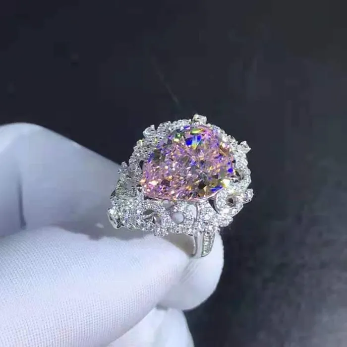 Rings Leyloon Jewelry 10 Carat Pink Pear Cut Filigree Halo Beadset Cathedral Moissanite Ring