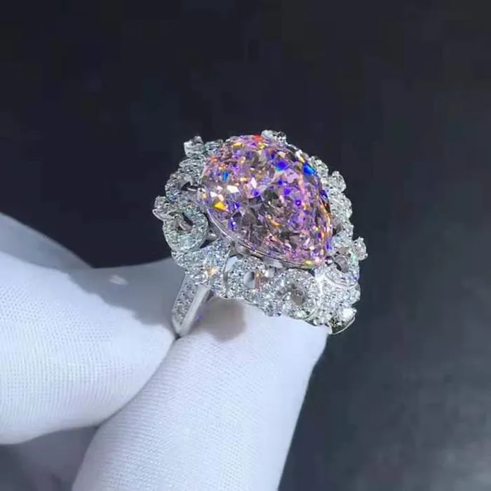 Rings Leyloon Jewelry 10 Carat Pink Pear Cut Filigree Halo Beadset Cathedral Moissanite Ring