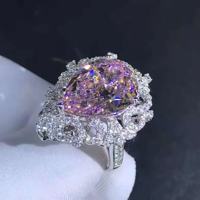 Rings Leyloon Jewelry 10 Carat Pink Pear Cut Filigree Halo Beadset Cathedral Moissanite Ring