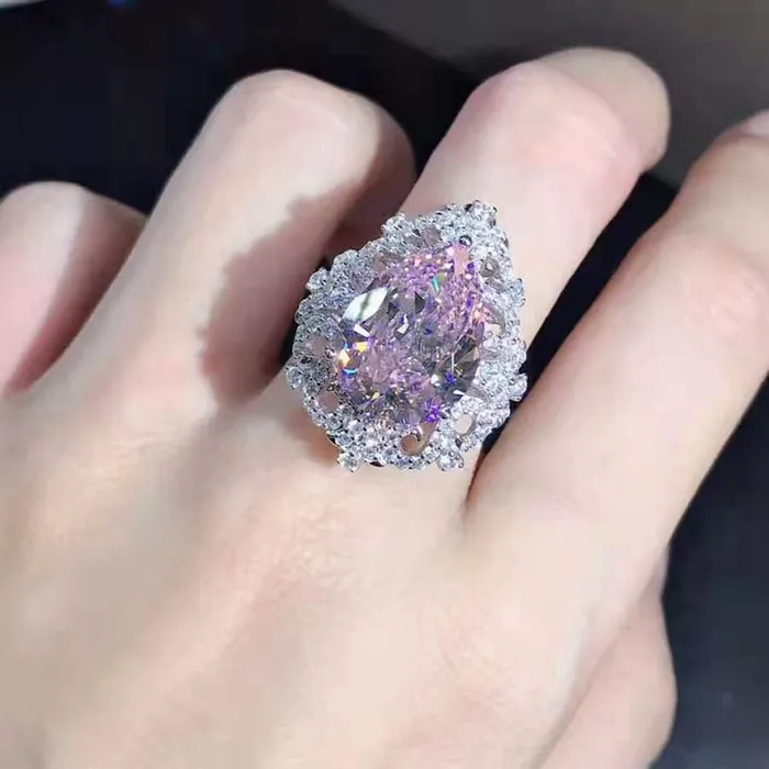 Rings Leyloon Jewelry 10 Carat Pink Pear Cut Filigree Halo Beadset Cathedral Moissanite Ring