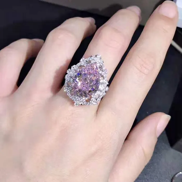 Rings Leyloon Jewelry 10 Carat Pink Pear Cut Filigree Halo Beadset Cathedral Moissanite Ring