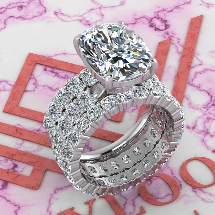 Rings Leyloon Jewelry 137 CTW Medium Cushion Cut ThreePiece Bridal D Color Basket Moissanite Set