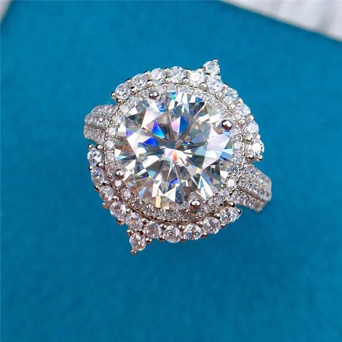Rings Leyloon Jewelry 4 Carat Round Cut Moissanite Ring Pave Double Halo Certified VVS D Color