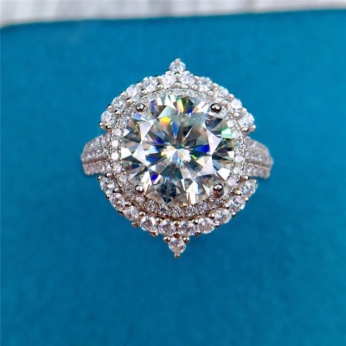 Rings Leyloon Jewelry 4 Carat Round Cut Moissanite Ring Pave Double Halo Certified VVS D Color