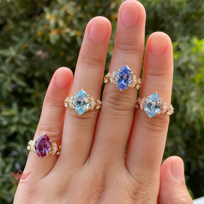 Rings Leyloon Jewelry Marquise Cut Floral Infinity Shank VVS Lab Grown PurpleGreen Alexandrite Ring