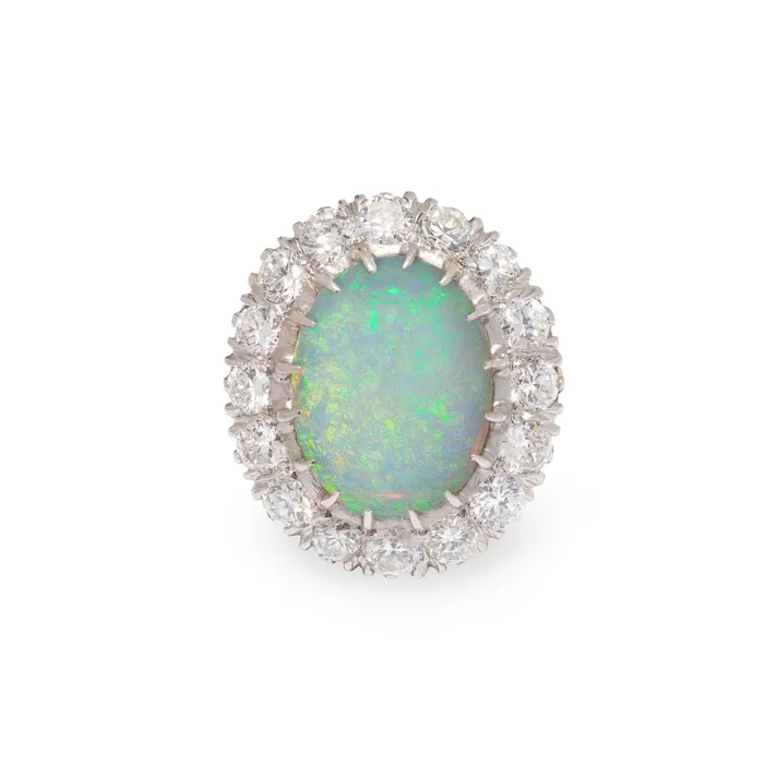 Rings Vintage 1950s Large Opal and Diamond Cluster Ring in Platinum and 14k Gold Rings Vintage 1950s Large Opal and Diamond Cluster Ring in Platinum and 14k Gold