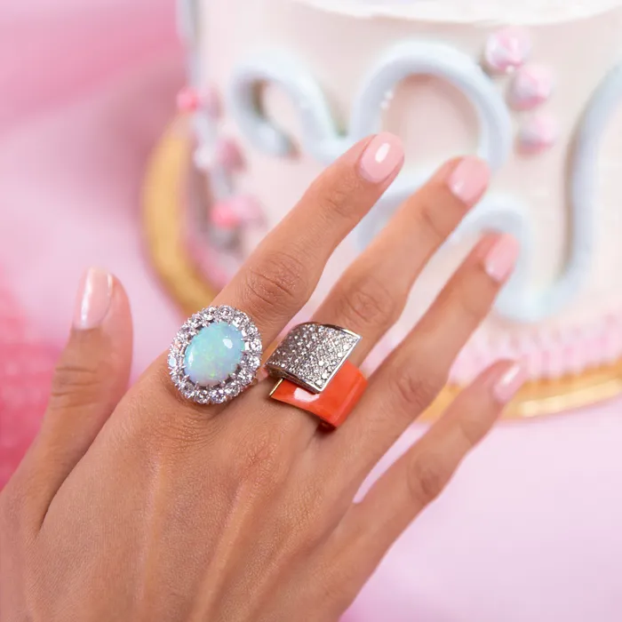 Rings Vintage 1950s Large Opal and Diamond Cluster Ring in Platinum and 14k Gold