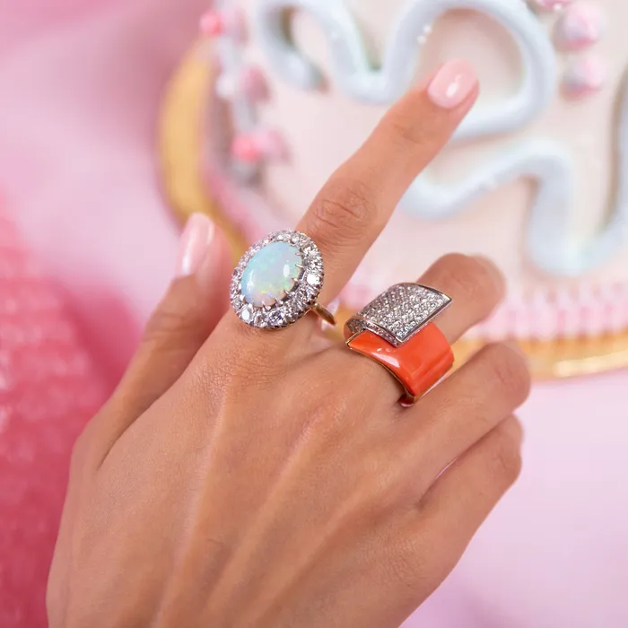 Rings Vintage 1950s Large Opal and Diamond Cluster Ring in Platinum and 14k Gold