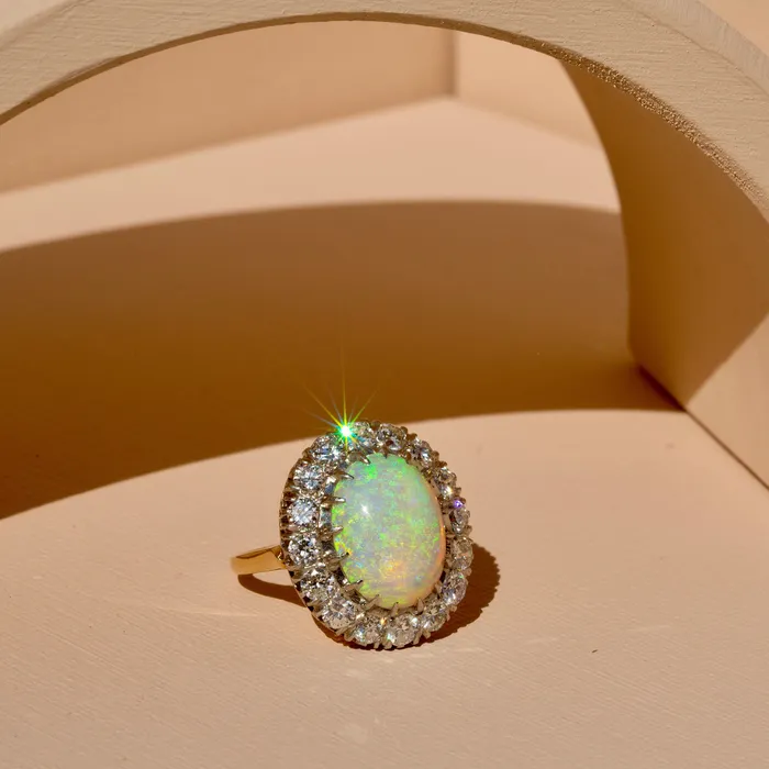 Rings Vintage 1950s Large Opal and Diamond Cluster Ring in Platinum and 14k Gold