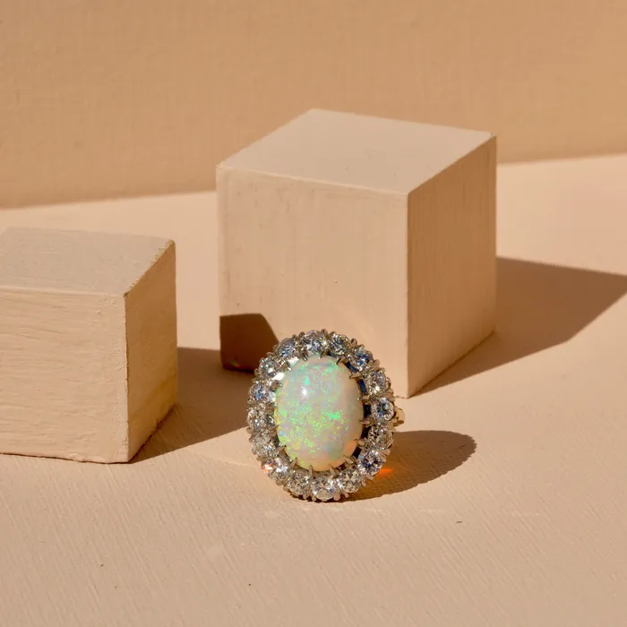 Rings Vintage 1950s Large Opal and Diamond Cluster Ring in Platinum and 14k Gold